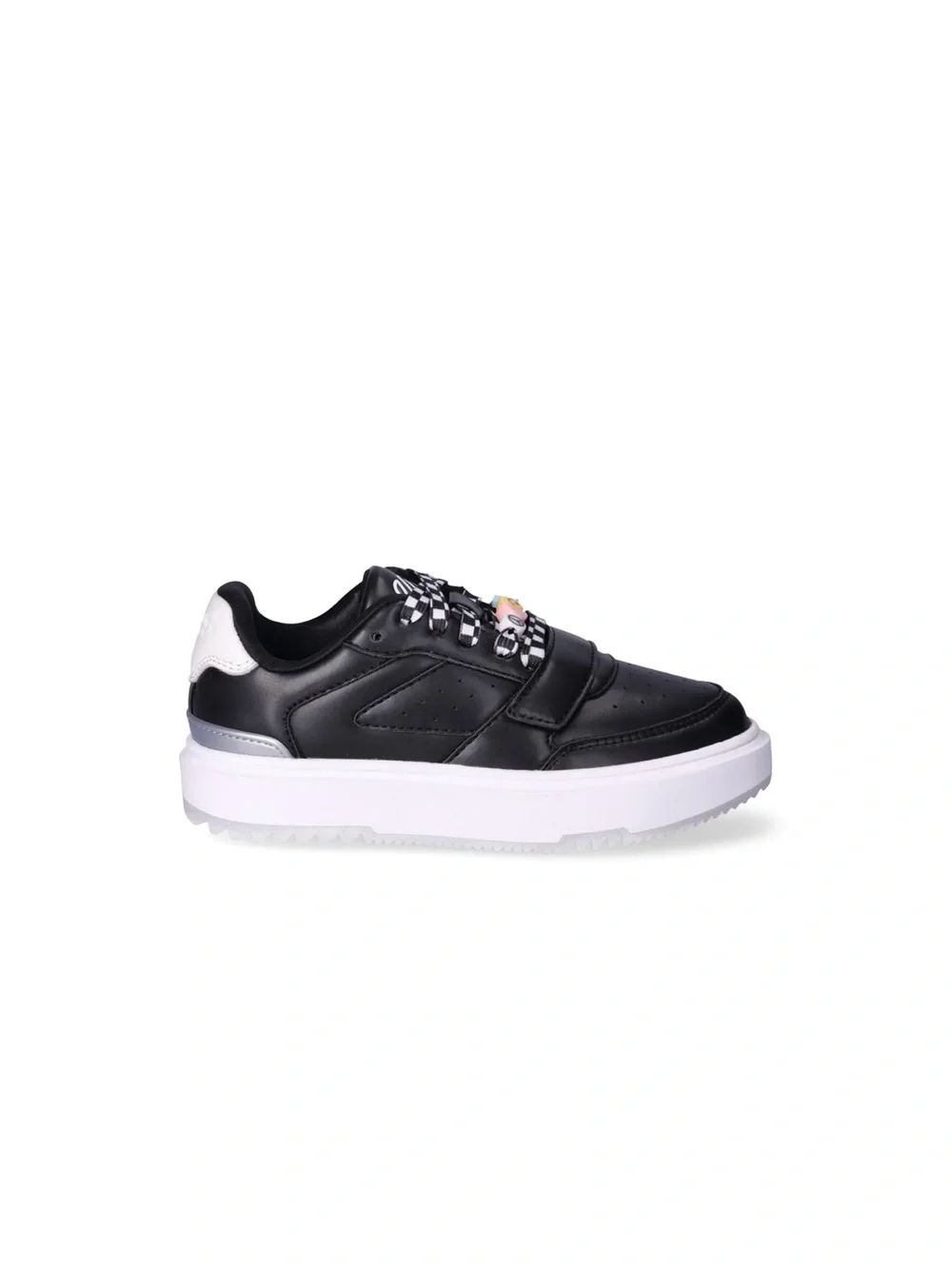 Justice Black Platform Sneakers with Checkerboard Laces and Colorful Charm
